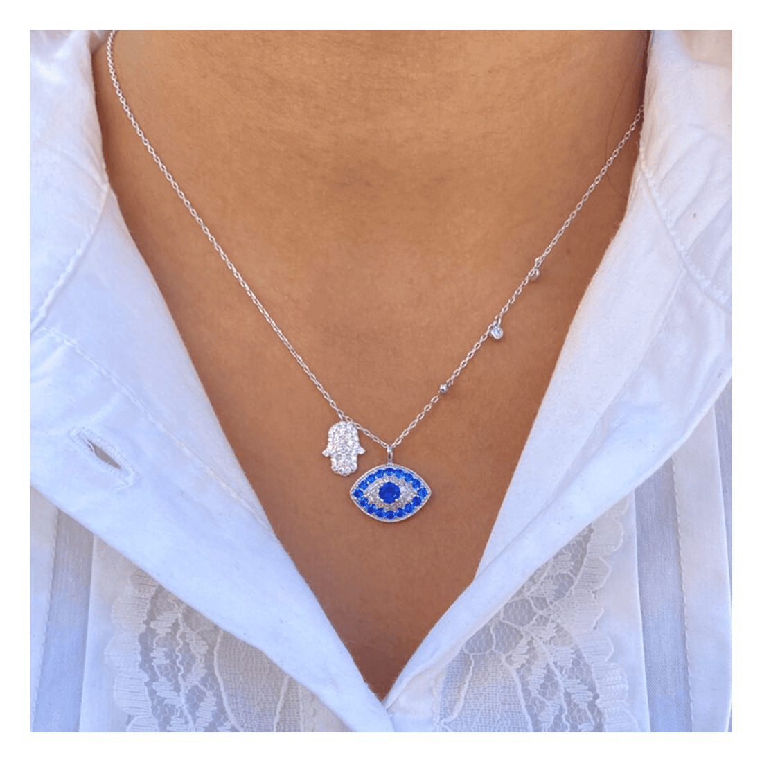 Silver Evil Eye With Hamsa Hand Charm Necklace