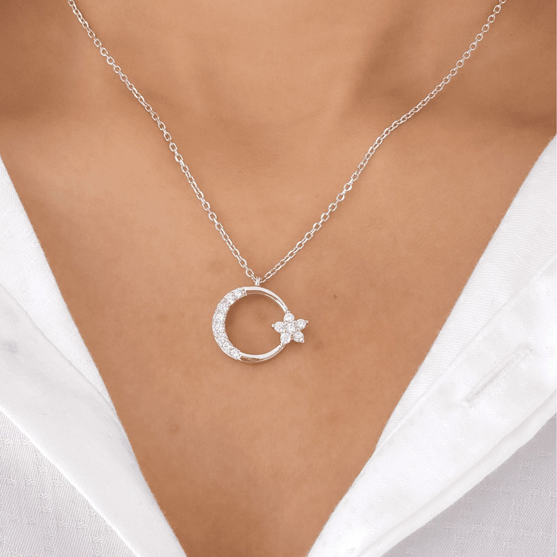 Silver Moon & Start Studded Necklace