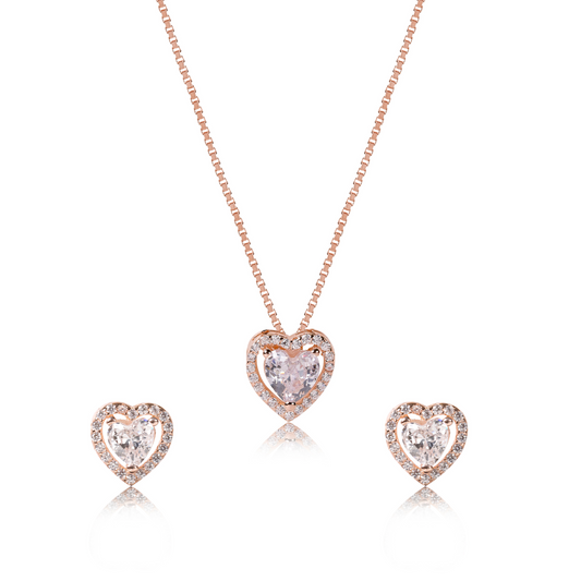 Rose Gold Halo Heart Necklace & Earring Set