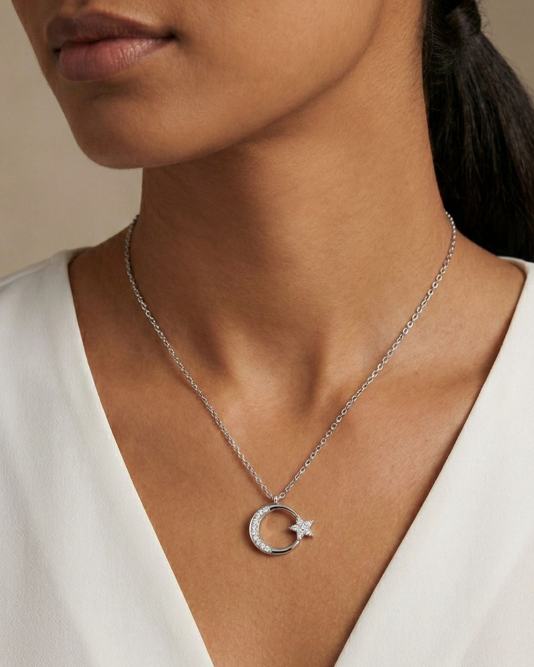Silver Moon & Start Studded Necklace