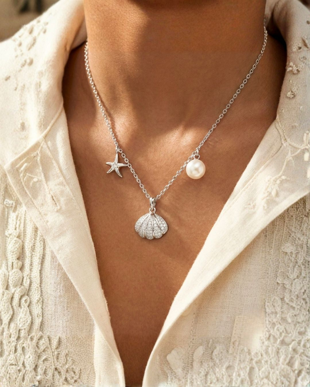 Silver Shell With Pearl & Star Charm Necklace