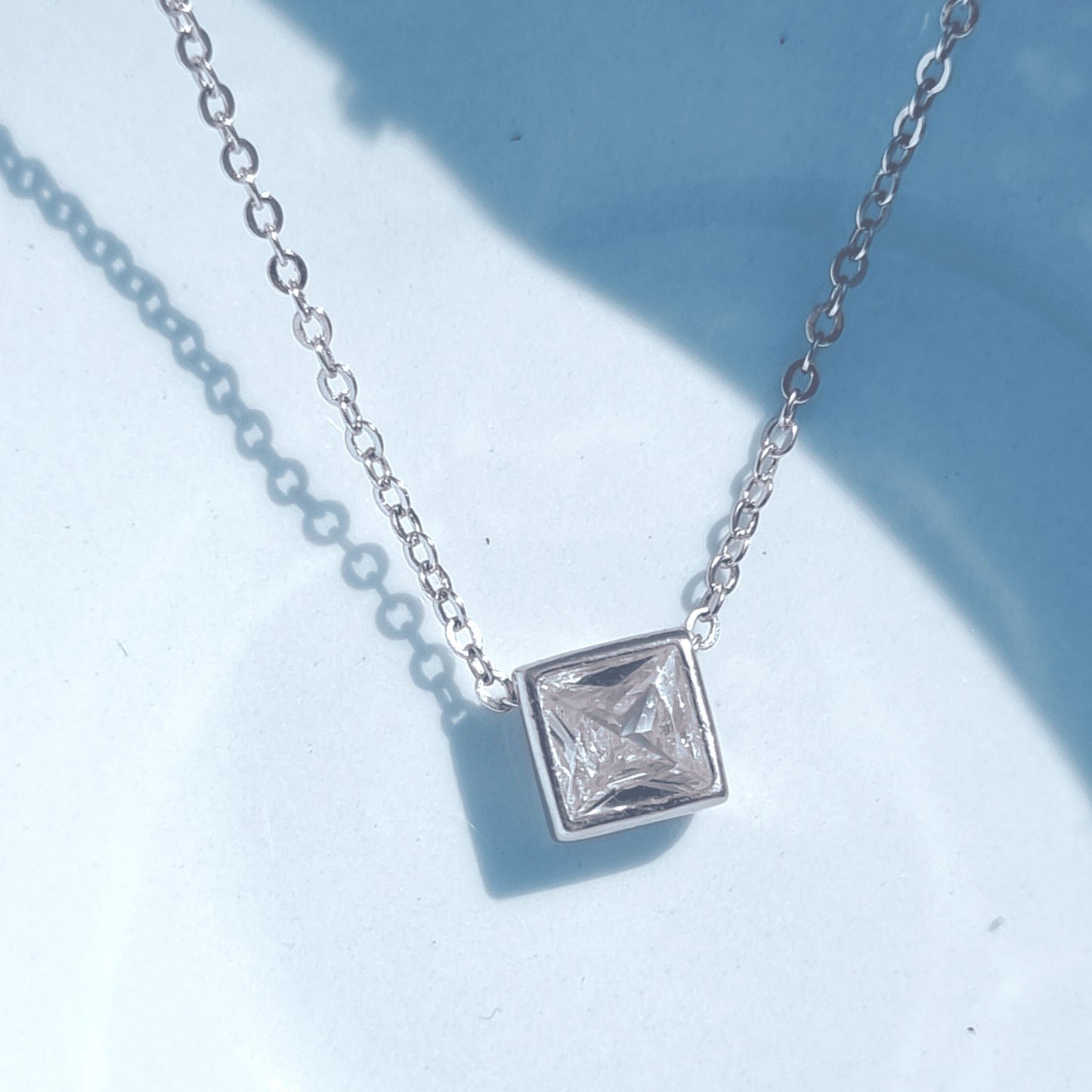 Silver Solitaire Square Necklace