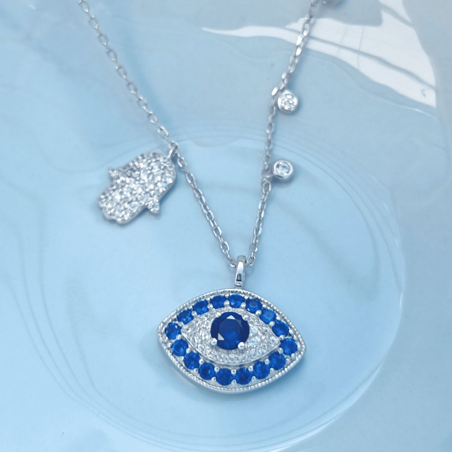 Silver Evil Eye With Hamsa Hand Charm Necklace