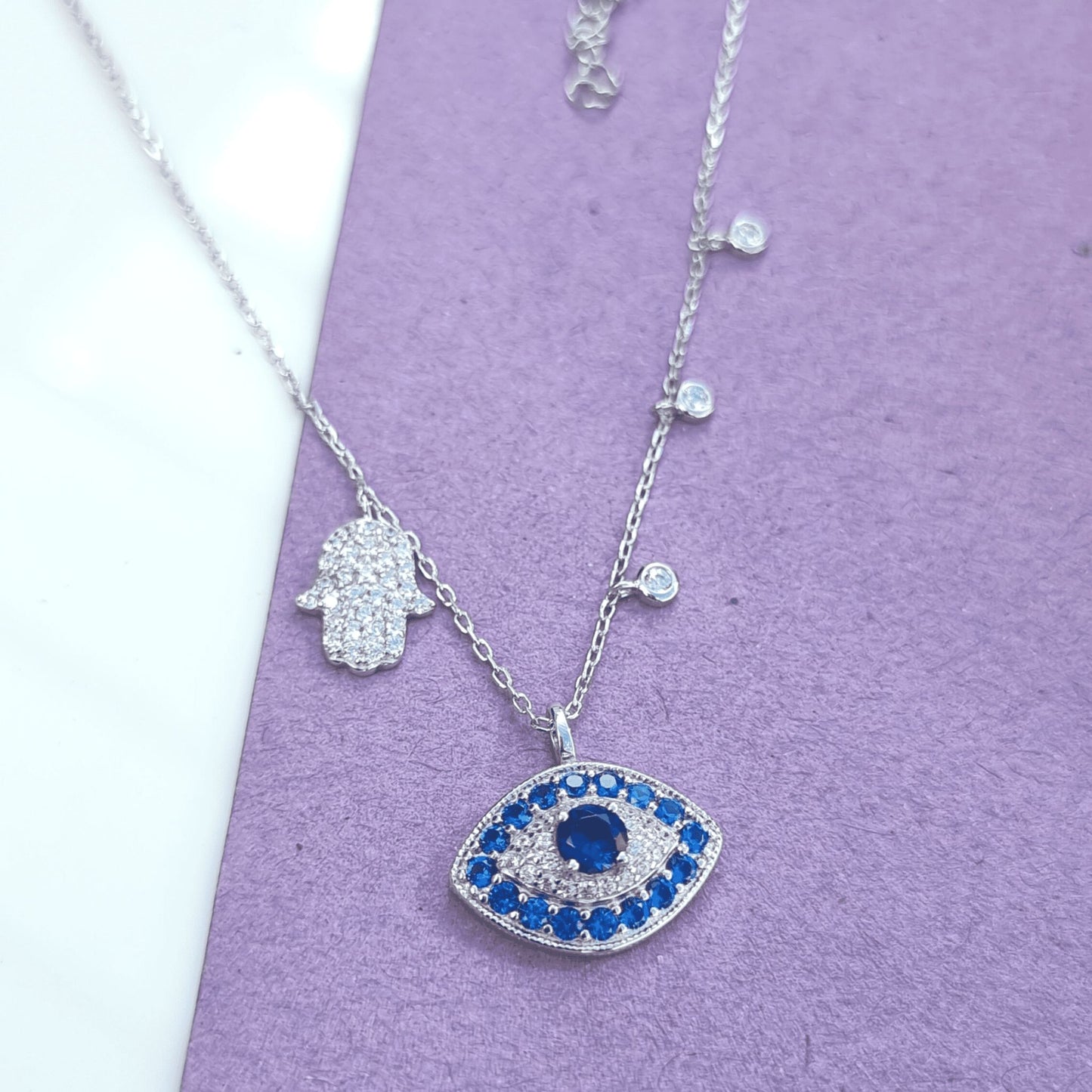 Silver Evil Eye With Hamsa Hand Charm Necklace