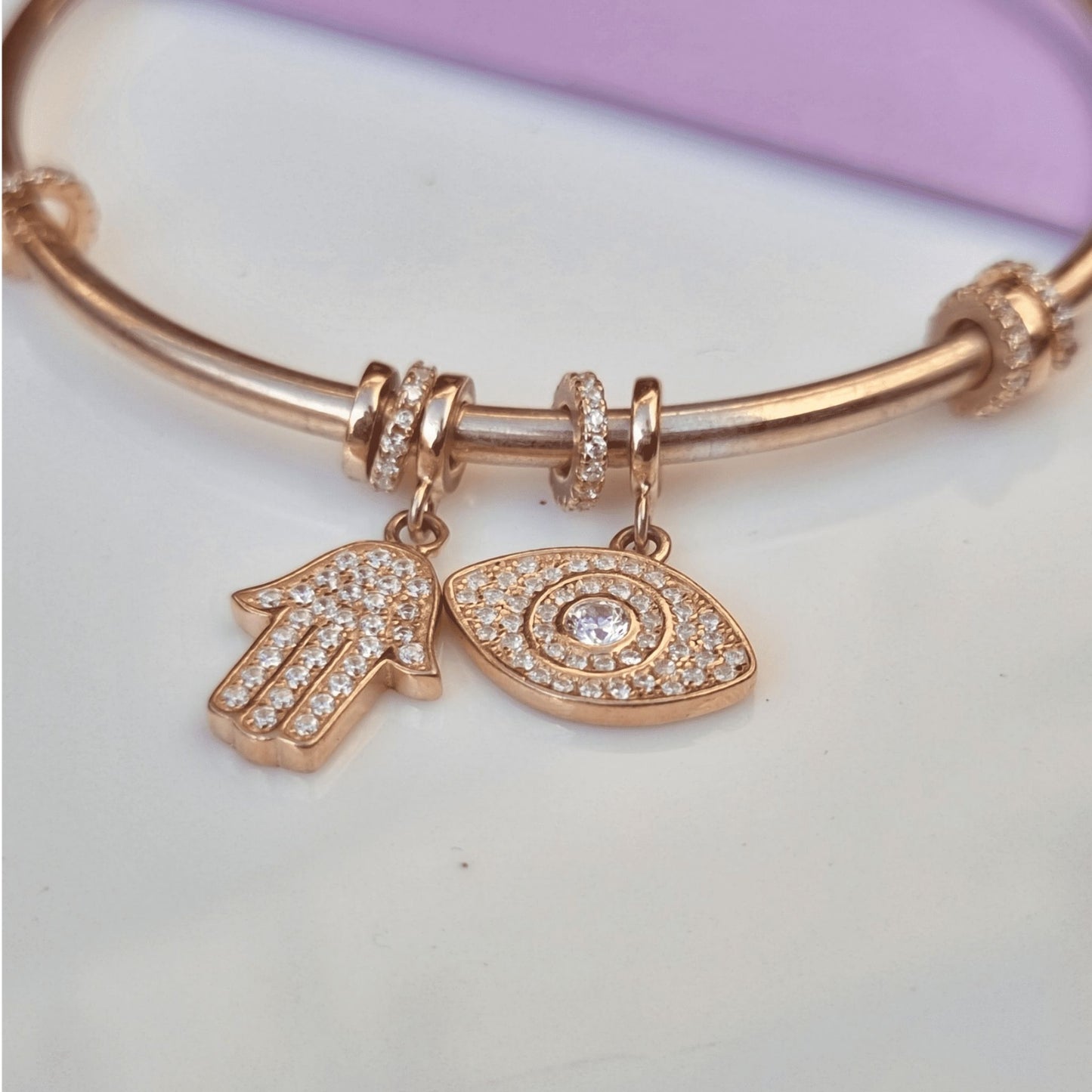 Rose Gold Evil Eye & Hamsa Hand Charm Bracelet