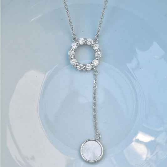 Silver Halo Ring with Hanging MOP Charm Necklace