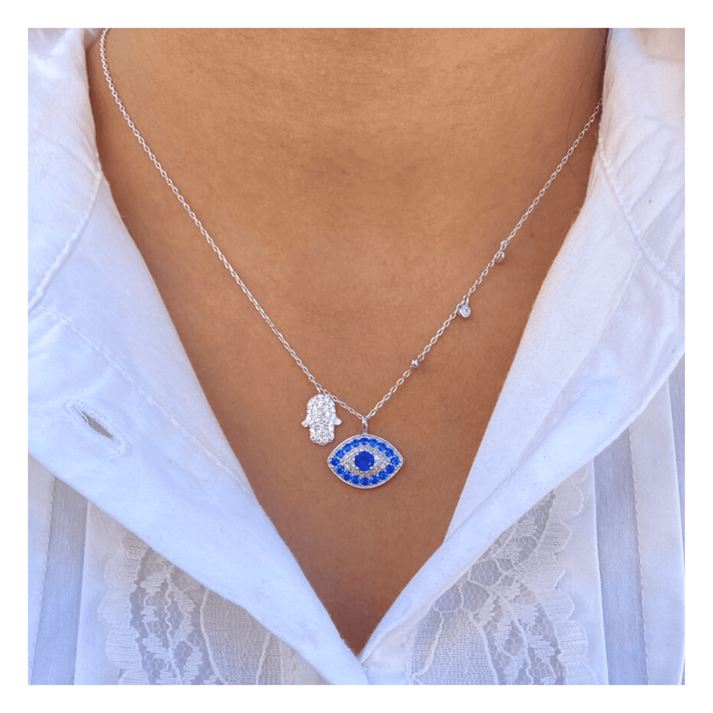 Silver Evil Eye With Hamsa Hand Charm Necklace