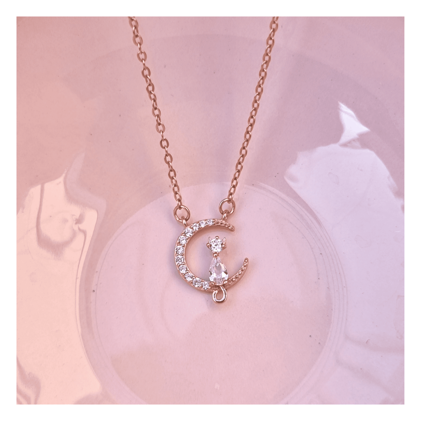 Rose Gold Cat On Moon Necklace