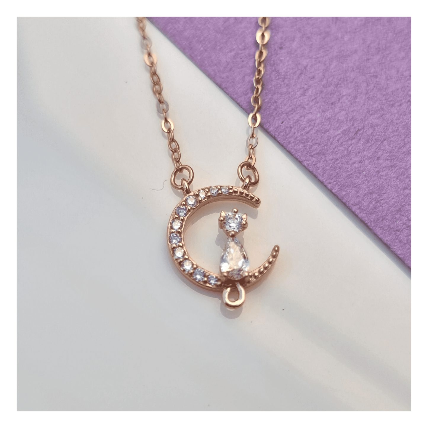 Rose Gold Cat On Moon Necklace