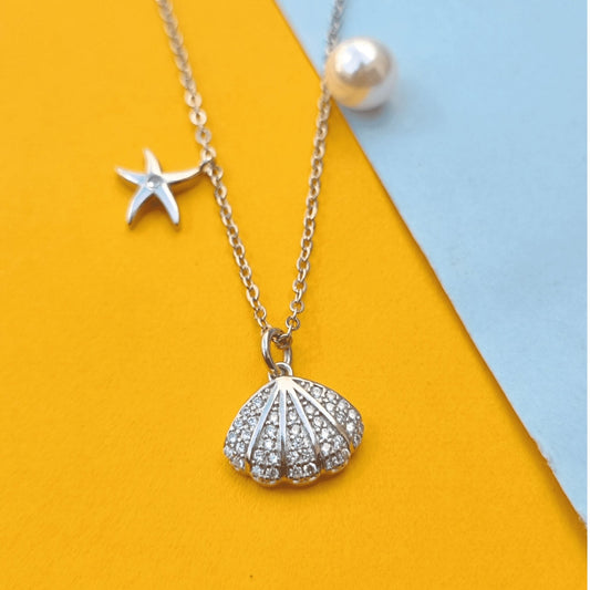 Silver Shell With Pearl & Star Charm Necklace