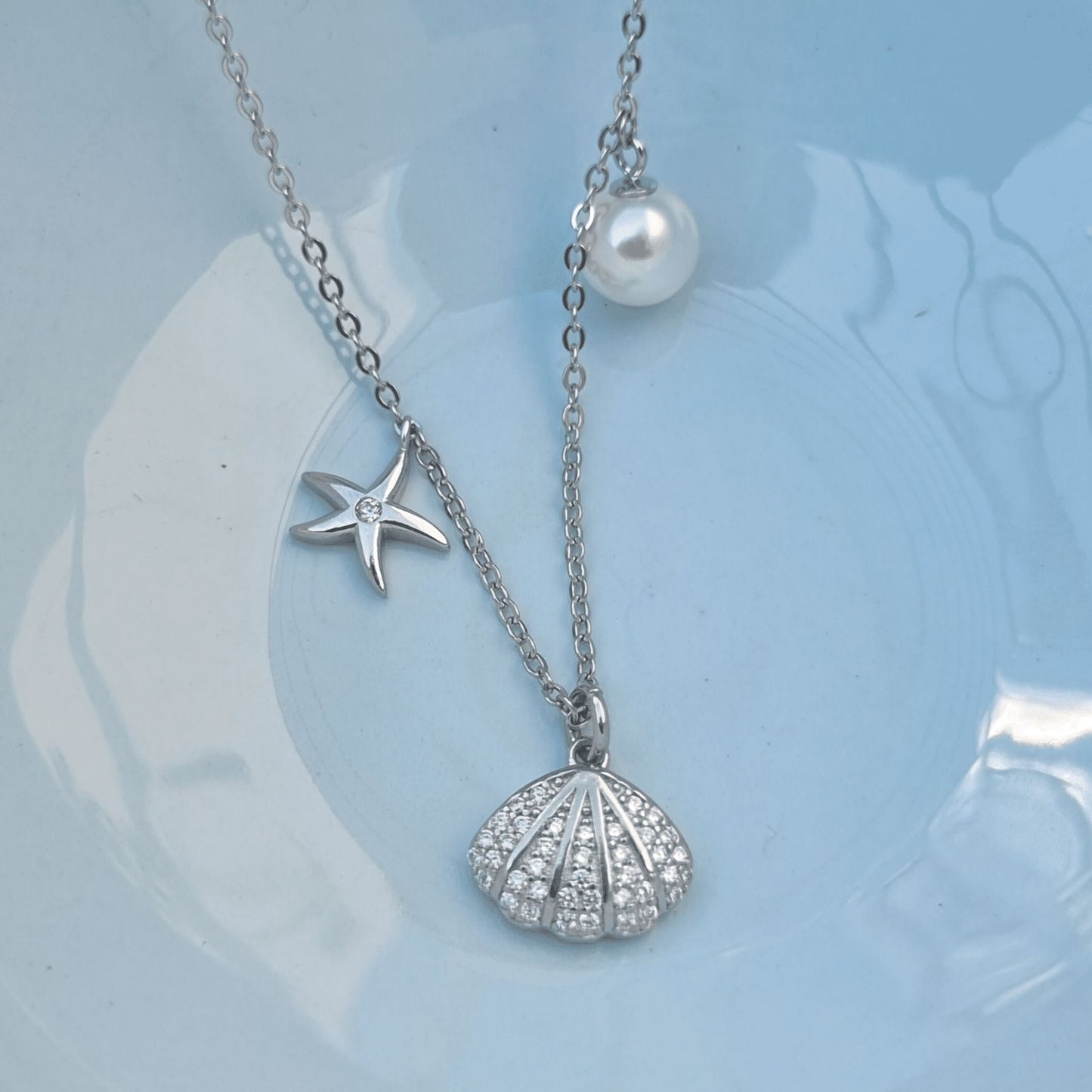 Silver Shell With Pearl & Star Charm Necklace