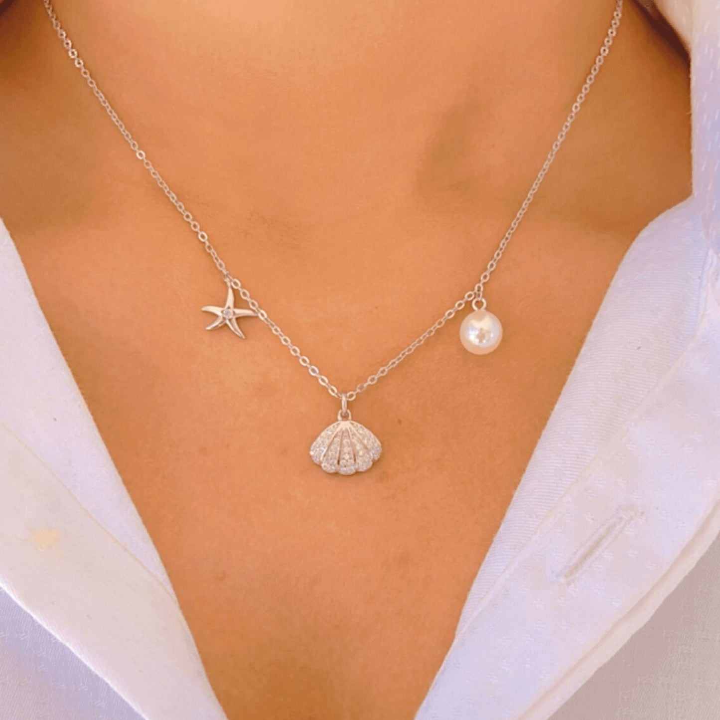 Silver Shell With Pearl & Star Charm Necklace