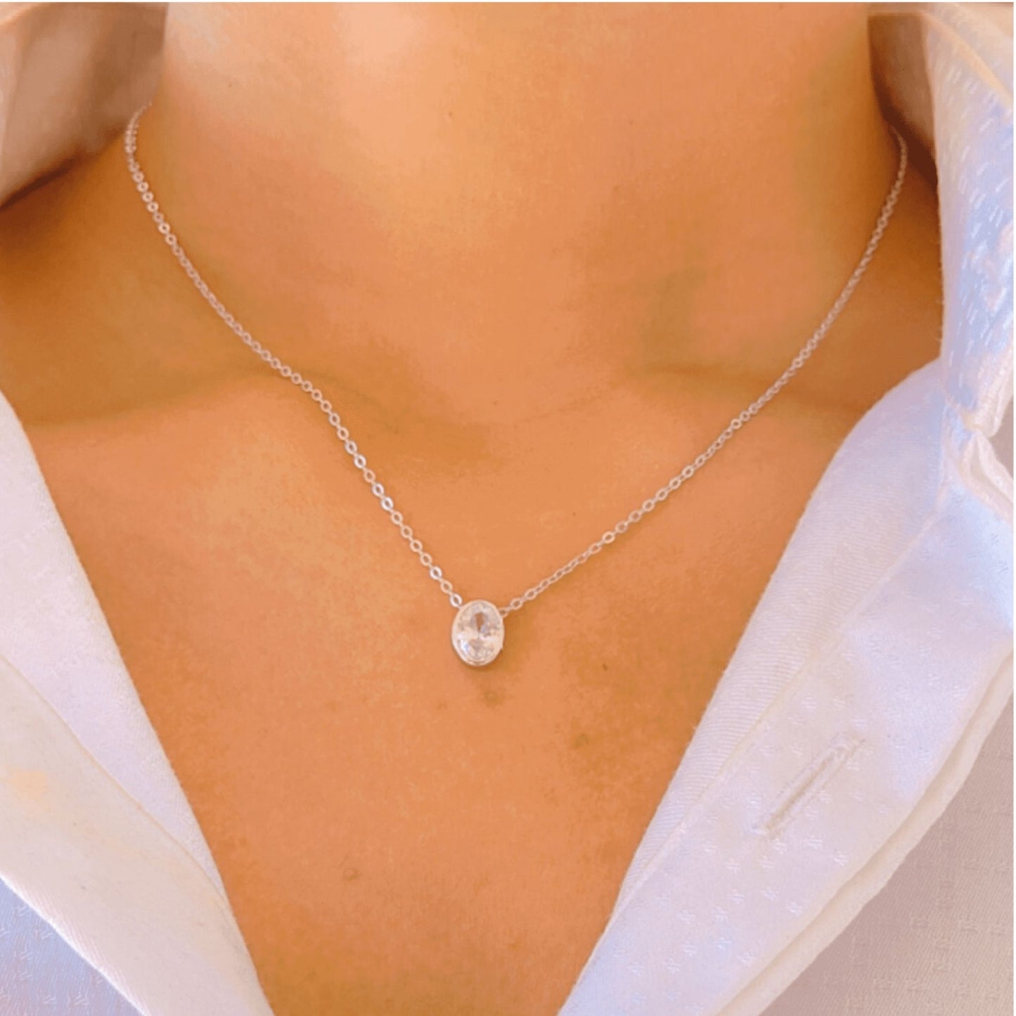 Silver Solitaire Oval Necklace