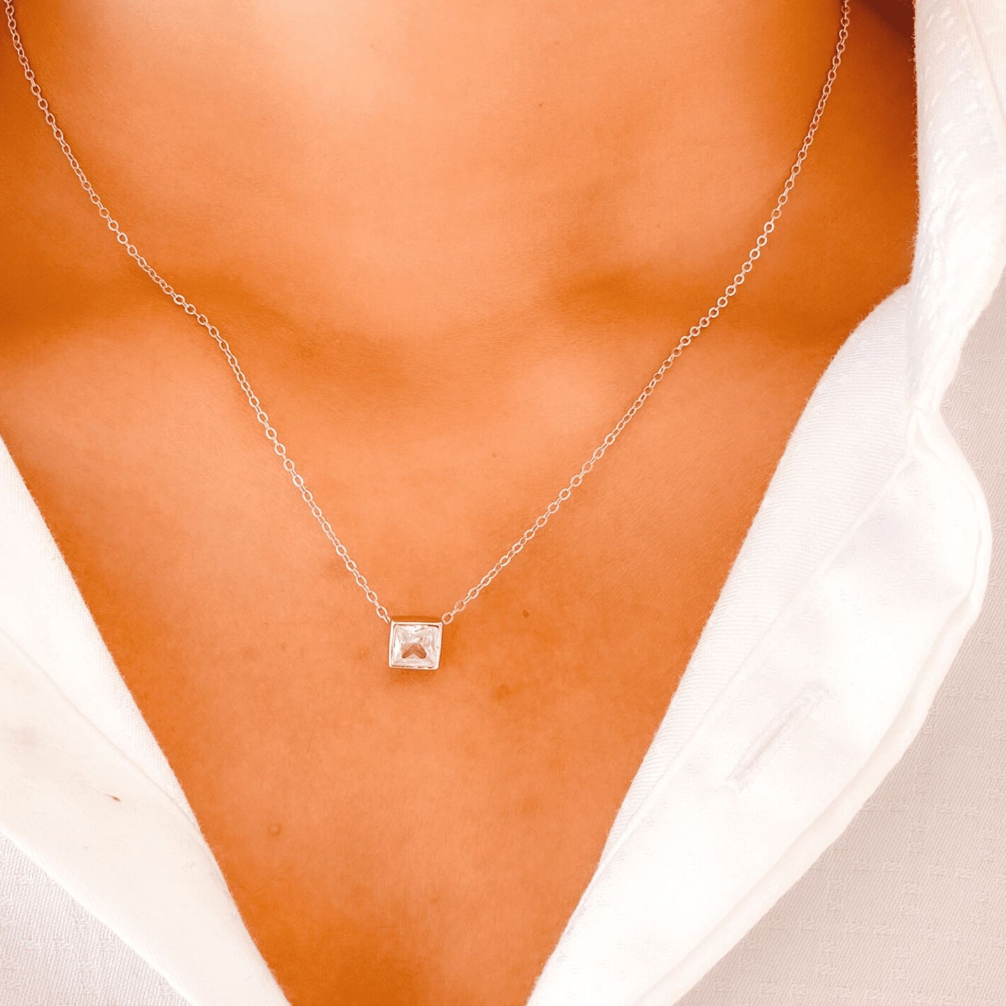 Silver Solitaire Square Necklace