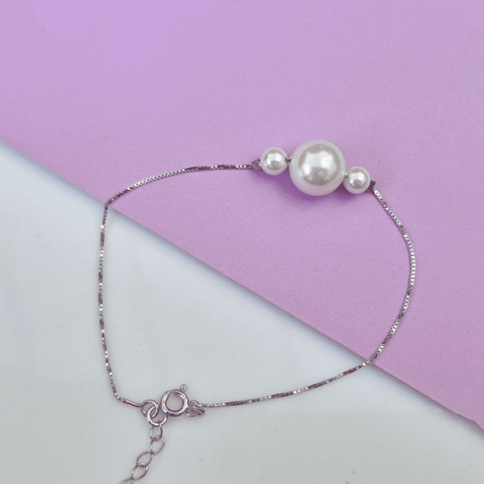 Silver Pearl Trio Adjustable Bracelet