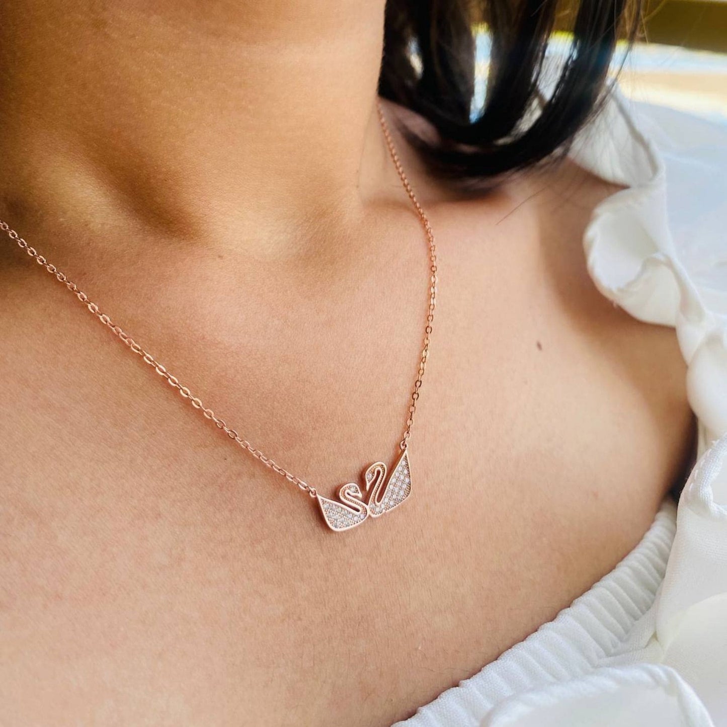 Rose Gold Swan Couple Necklace