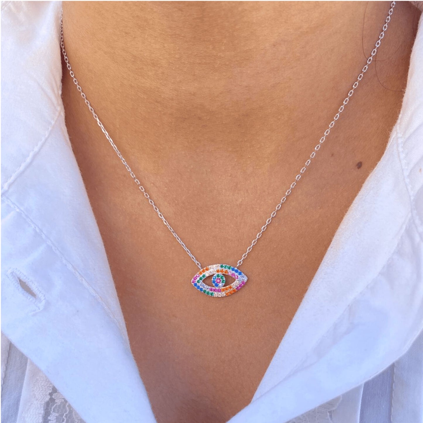 Silver Multicolor Evil Eye Necklace