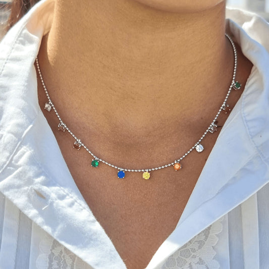 Silver Multicolor Stones Queens Necklace