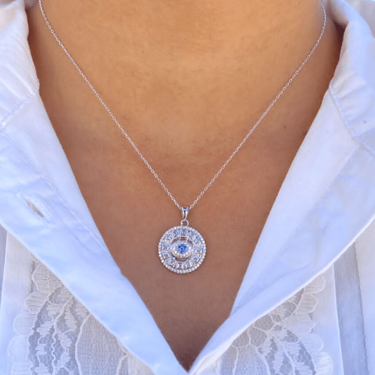 Silver Evil Eye Halo Necklace