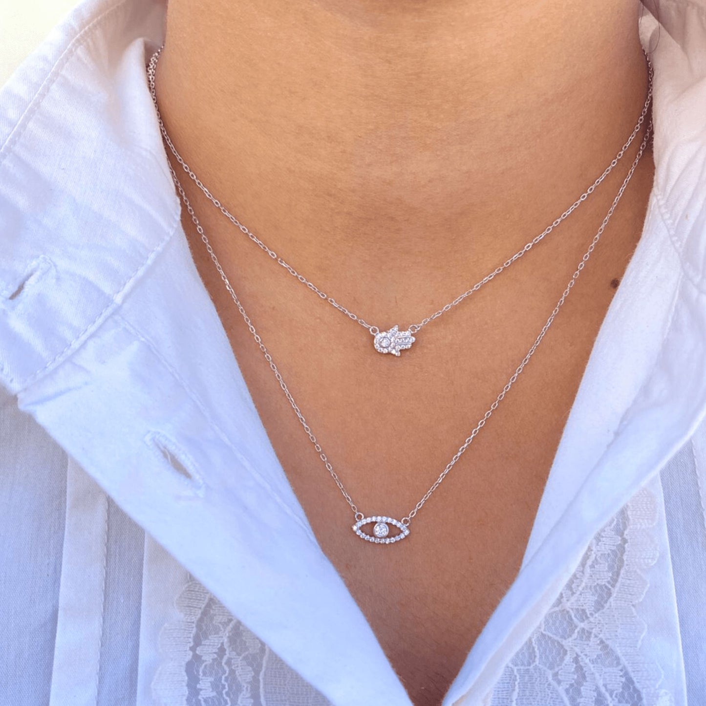 Silver Evil Eye & Hamsa Hand Layered Necklace